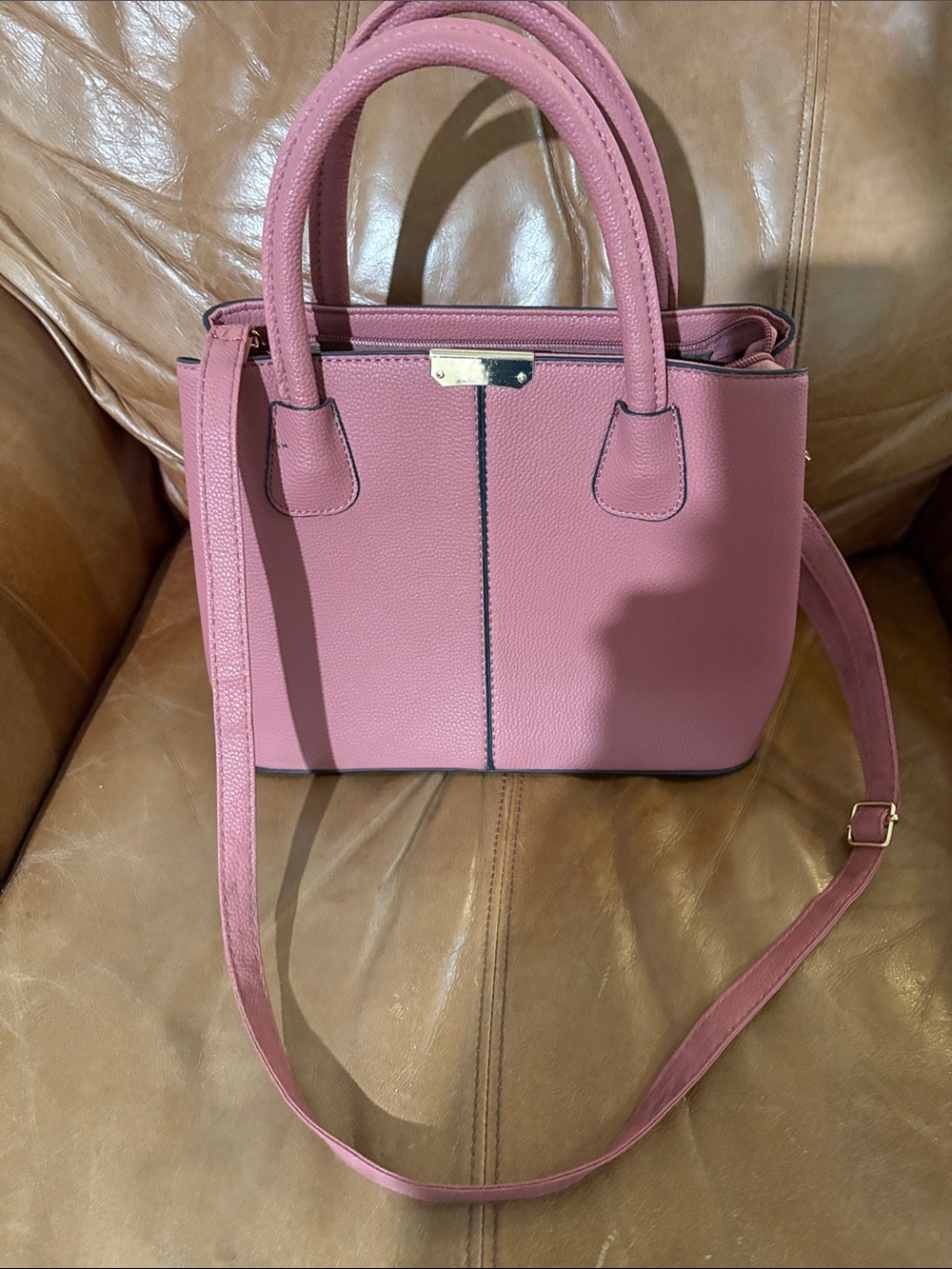 Structured Dusty Pink Satchel with Top Handles and Adjustable Strap